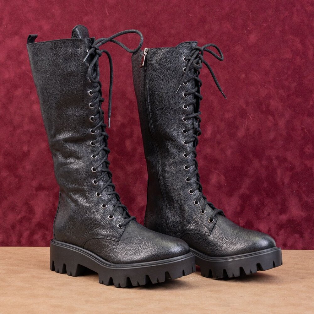 Charles David Italy Women Hound Platform Black Leather Combat Boots 6.5US EUR37